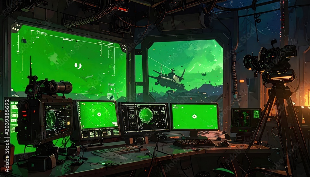 Fototapeta premium Futuristic Sci-Fi Control Room with Green Screen and Spaceship View