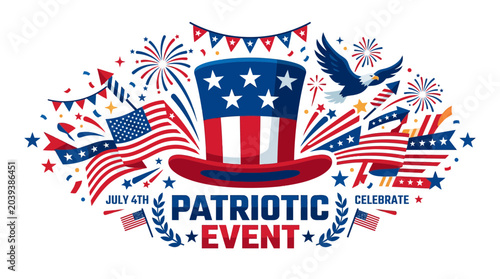Quadro su tela American Patriotic Event Celebration with USA Flags and Fireworks