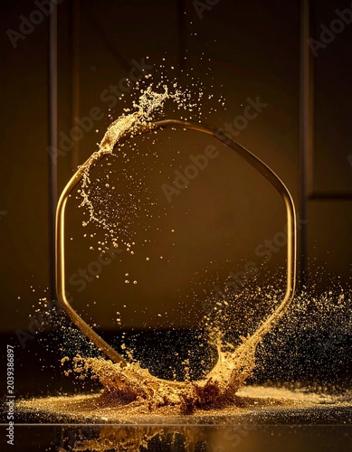 Liquid Gold Splash: A mesmerizing splash of golden liquid erupts around a geometric gold frame, creating a dynamic abstract composition with hints of luxury and celebration.