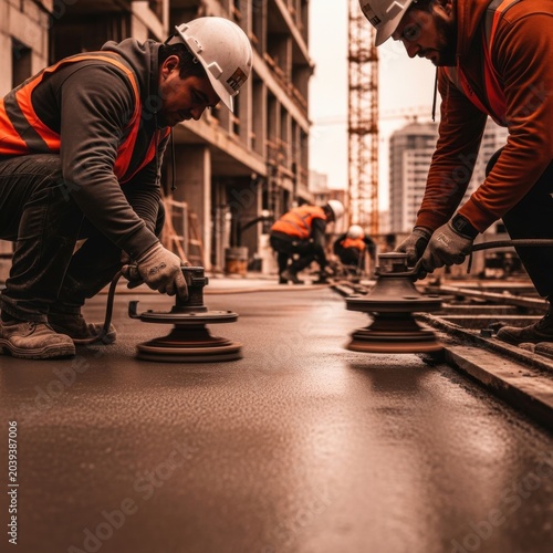 Construction Crew Using Power Tools to Smooth Concrete Surfaces on a Building Site