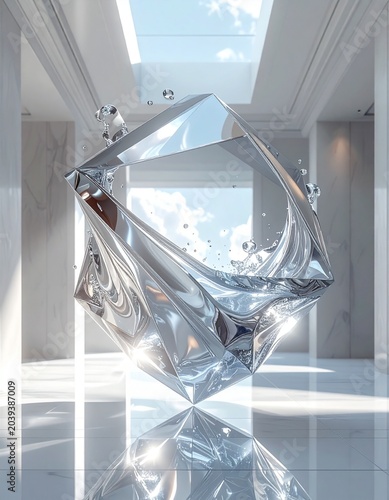 Abstract Crystal Sculpture in Modern Hallway: A geometric, multifaceted crystal sculpture with a liquid-like shimmer floats in the center of a minimalist, sunlit hallway.