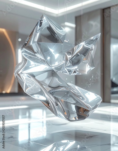 Sculptural Form: An abstract, shimmering metallic sculpture with sharp angles and a polished surface, suspended in a modern, minimalist interior space, reflecting light and surrounding architecture.