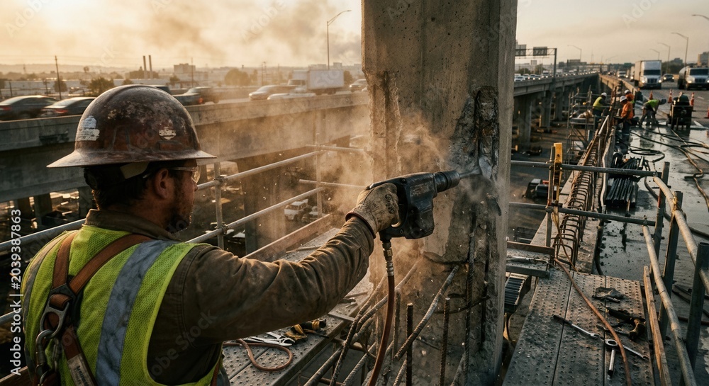 Fototapeta premium Construction Worker Drilling Concrete Pillar During Road Overpass Repair and Renovation