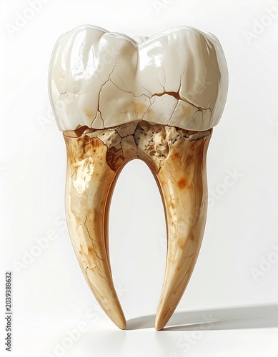 Cracked Tooth: A close-up studio shot of a human molar, showing significant cracks and decay on the enamel and root, highlighting dental problems.