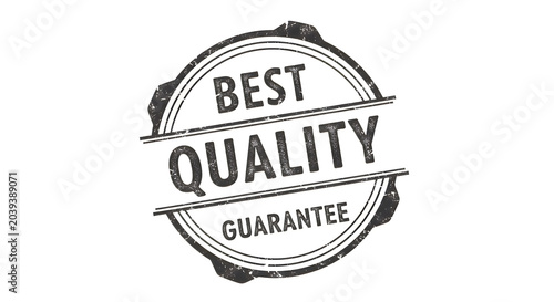 A circular seal with bold, three-dimensional text reading 'best quality guarantee', featuring metallic shading and a stamped texture effect around the edges