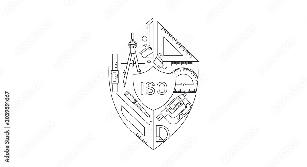 Fotografie A line art shield emblem composed of various engineering and drafting tools