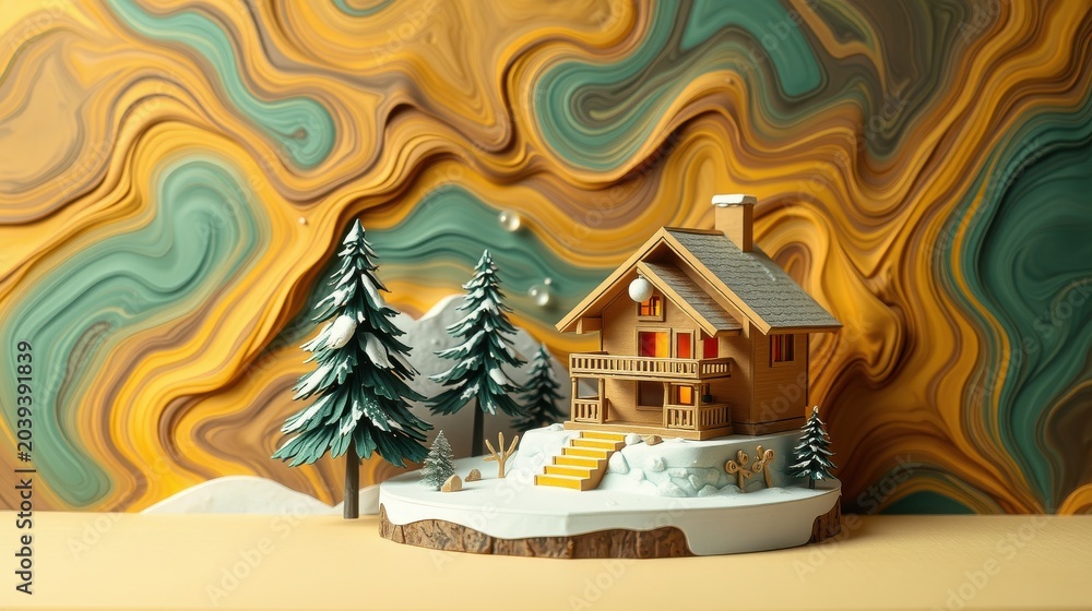 Fototapeta premium Cozy cabin scene. Papercraft style mountains, trees, snow. Warm colors, whimsical design, inviting winter landscape.