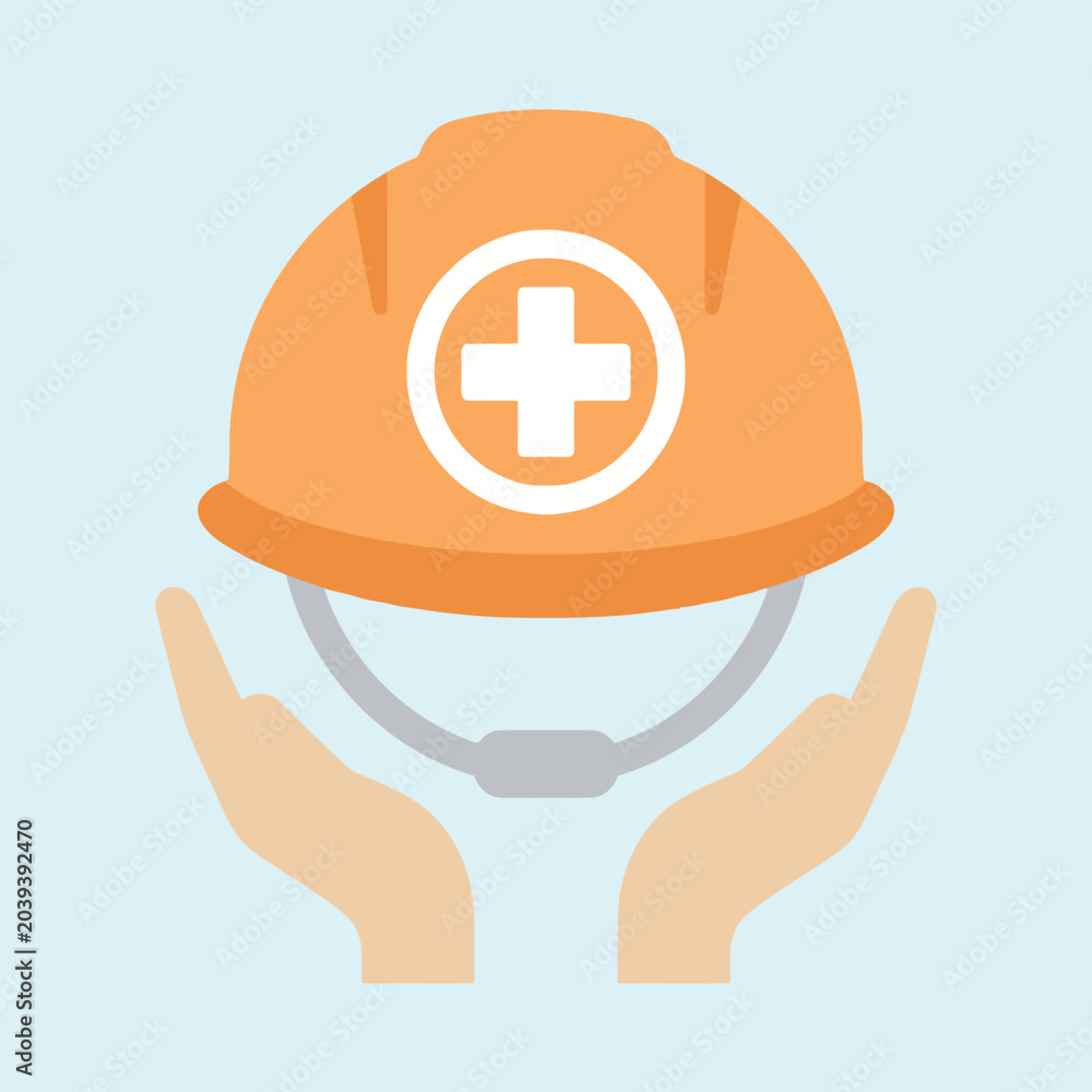 Φωτογραφία Hands holding a protective orange hard hat with a white cross