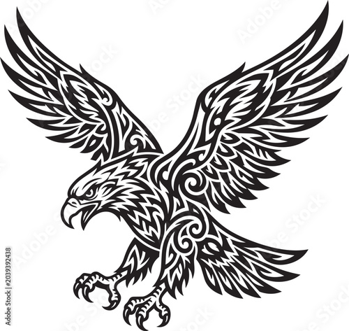 Tribal Flying Eagle Vector Illustration - Majestic Bird of Prey Swooping with Open Wings Design