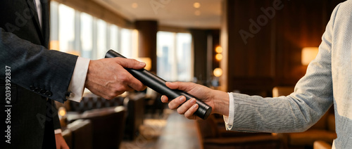 Business professionals exchanging a baton in a modern office setting, symbolizing teamwork and transition