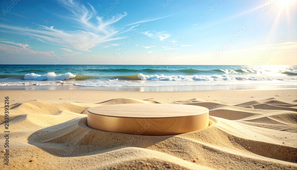 Obraz premium Wooden platform on a sandy beach with ocean waves and a clear blue sky, perfect for showcasing products or designs.