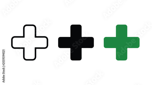 Three plus signs in different colors  white outline black and green