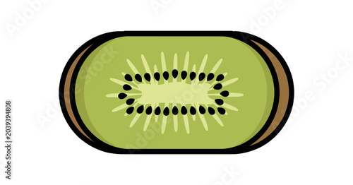 Slice of Kiwi Fruit with Black Seeds and Green Flesh.