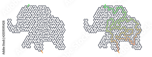 Elephant maze activity for kids with paths drawn in green and orange  