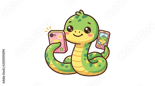 Foto Cute Cartoon Snake Taking Selfie with Two Phones