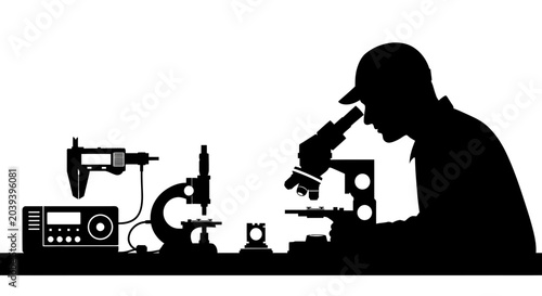 Bild auf Leinwand A silhouette of a scientist working with a microscope and laboratory equipment