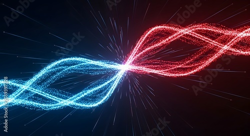 Energy stream concept with red and blue light trails converging and radiating from center