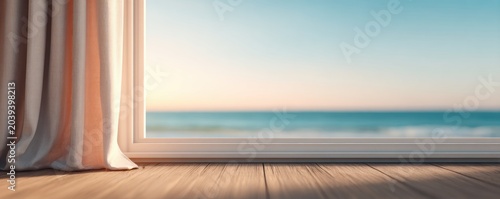 Soft curtain by glass window overlooking ocean view for serene travel lifestyle branding peaceful coastal interior and luxury vacation mood concept