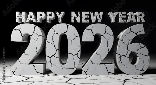 Happy new year 2026 numbers made of stone on dry earth background representing future