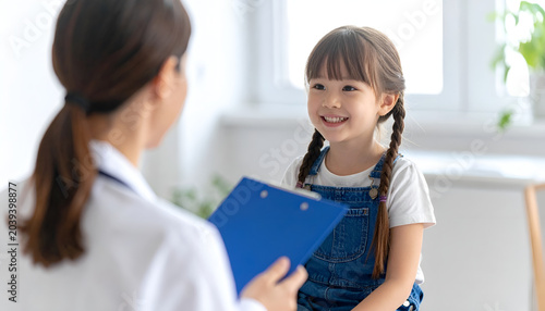 Friendly doctor holding clipboard with child patient in clinic.