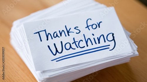 Stack of white paper note cards with the words Thanks for Watching handwritten in blue ink