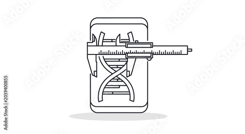Photos A line art illustration of a DNA helix being measured by a caliper on a smartphone screen