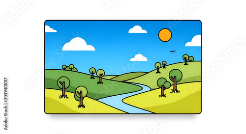 Cartoon illustration of a bright sunny landscape with rolling green hills and a winding river