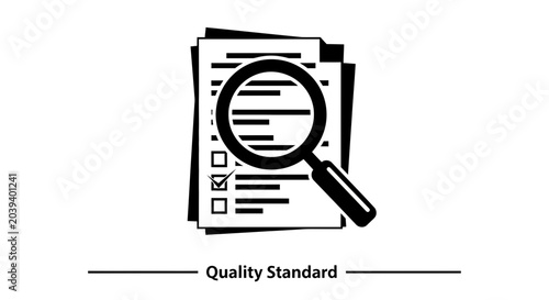 Canvastavla A black and white icon representing quality standard inspection with a magnifying glass over a checklist