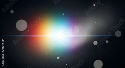 Cosmic light explosion with vibrant rainbow colors and floating bokeh effects in dark space