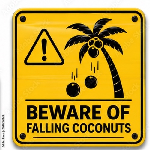 Warning sign beware of falling coconuts on wooden board