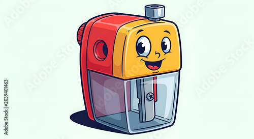 Cute cartoon pencil sharpener with a happy face isolated on a light blue background studio shot
