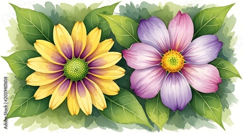 Two decorative flowers in yellow and purple colors with green leaves in watercolor style