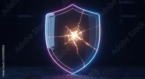 Cybersecurity concept with a glowing shield showing cracks and bright light emanating from the center on a dark digital background surface