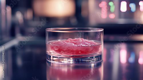 Lab-grown meat sample incubating in a transparent glass petri dish with nutrient solution. Macro concept of cultured artificial meat creation in a high-tech laboratory blurred background