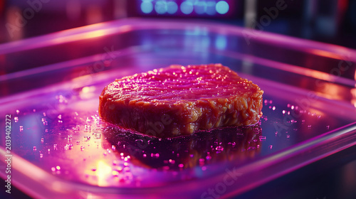 Cultured artificial meat steak incubating inside a transparent laboratory tray. Macro view of lab-grown meat production under pink and purple neon uv lights in biotechnology lab