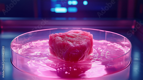 Lab-grown artificial meat sample incubating in a pink bubbling nutrient solution. Macro view of cultured meat cellular agriculture inside a glass petri dish in a high-tech biotechnology lab