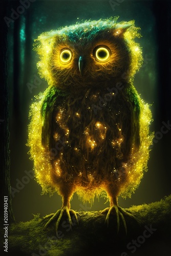 In the heart of an enchanted forest there lies an owl like creature.