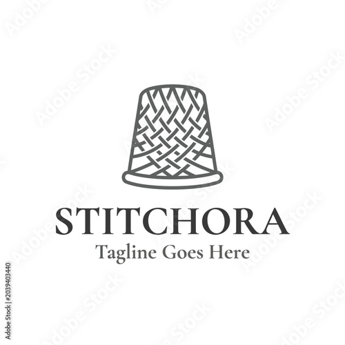 Foto modern line art logo a classic thimble with a decorative woven pattern perfect fit for tailors, craft workshops, embroidery studios, and fashion designers focusing on handmade quality