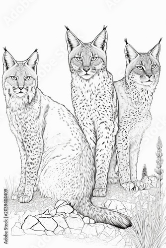 A beautiful lynx illustration with distinctive features and bold outlines for colouring.