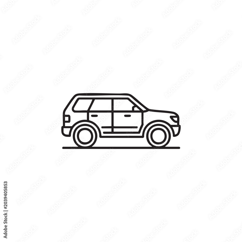 Obraz premium SUV icon depicts a rugged utility vehicle in a clean and minimalist black line art style suitable for automotive applications.