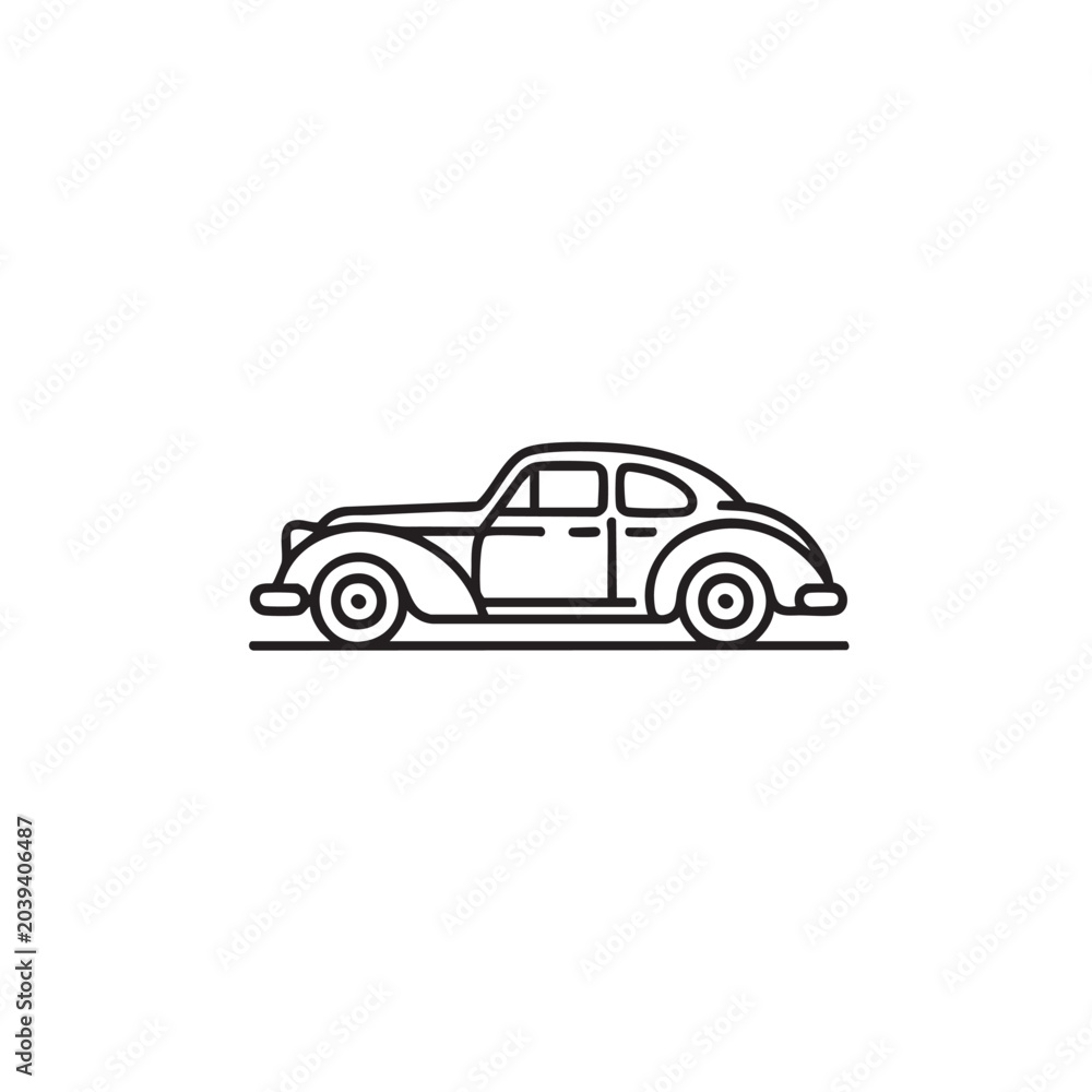 Obraz premium Vintage car icon demonstrates a classic automotive silhouette in a simple black line art style against a solid white background.
