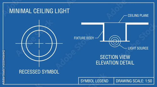 Fotografía Minimal ceiling light blueprint: recessed symbol and section view