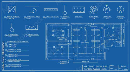 Bild auf Leinwand Blueprint MEP Ceiling Lighting Plan with Electrical Symbols