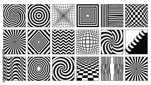 Obraz na płótnie Optical Illusion and Op Art Pattern Vector Set with Hypnotic Spiral and Radial D