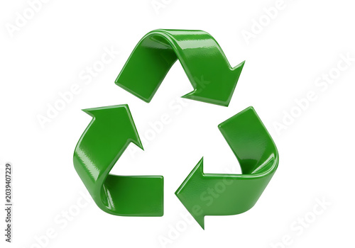 3d green recycling symbol loop with glossy metallic finish on a PNG background