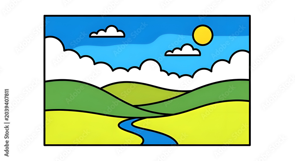 Fototapeta premium Stylized landscape illustration of rolling green hills a winding blue river and a bright yellow sun under a blue sky with clouds.