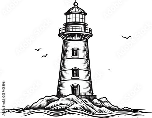 Detailed Vintage Lighthouse Standing on Rocky Island in Calm Sea