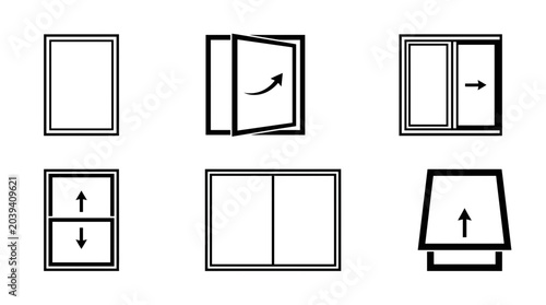 Bild auf Leinwand Window Types Icons Set: Open, Closed, Sliding, Tilt