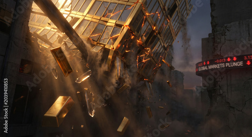 Shattered Glass Gold Bars Structure Collapsing — Slow Motion Fragments, Glowing Cracks, Economic Decline