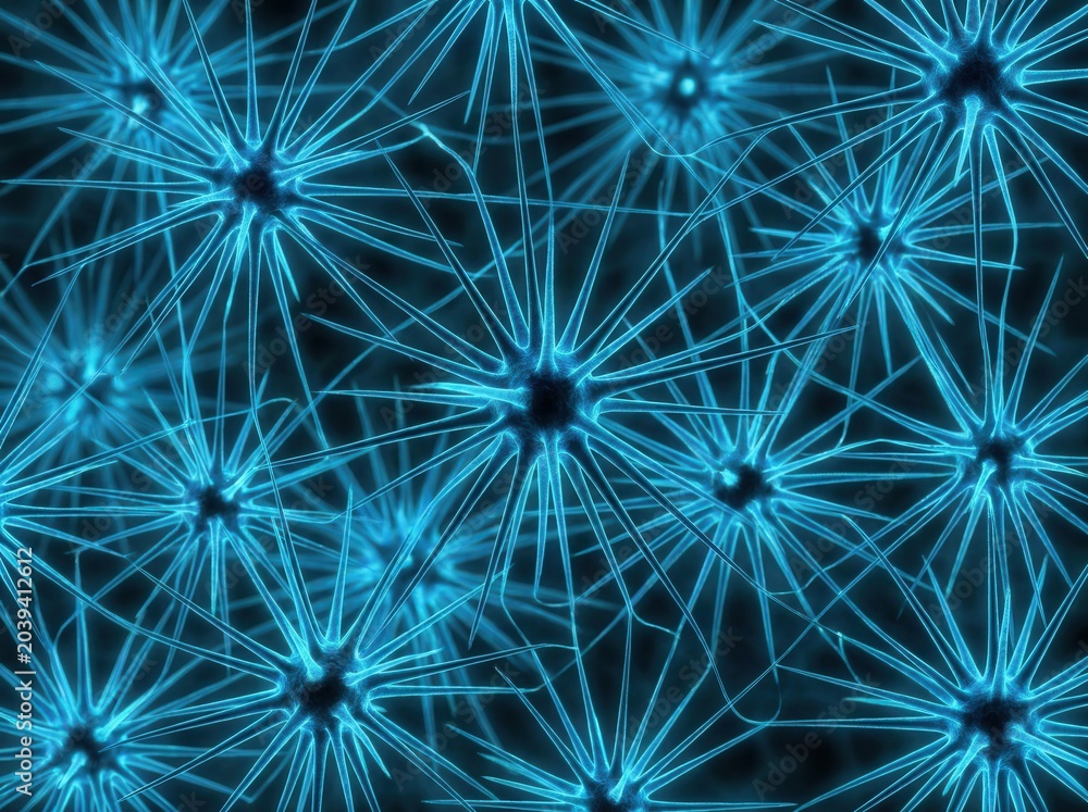 Fototapeta premium Abstract glowing blue neuron network with intricate connections in dark background